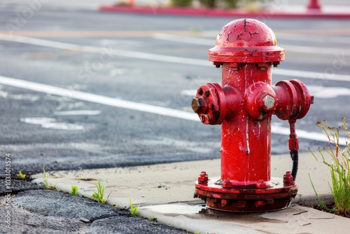 Close-up of red fire hydrant on sidewalk in a city. Urban safety and emergency concept for design and print.