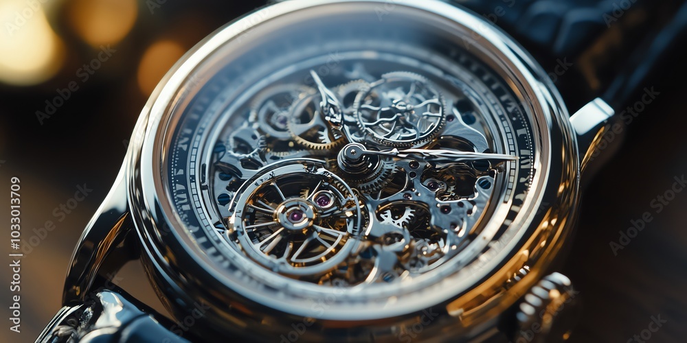 Close-up of a silver skeleton watch with a black leather strap. The watch face is clear and shows the intricate workings of the mechanism. Close-up of a silver skeleton watch with a black leather strap. The watch face is clear and shows the intricate workings of the mechanism.