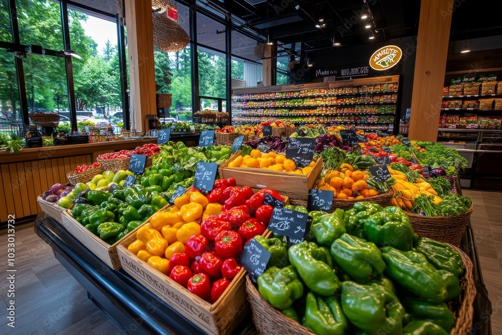 Fototapeta premium A neighborhood grocery store with fresh produce on display, emphasizing organic and local items