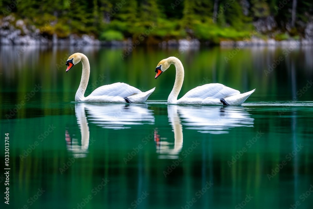 A pair of swans gliding across a tranquil lake, their reflection shimmering on the water A pair of swans gliding across a tranquil lake, their reflection shimmering on the water