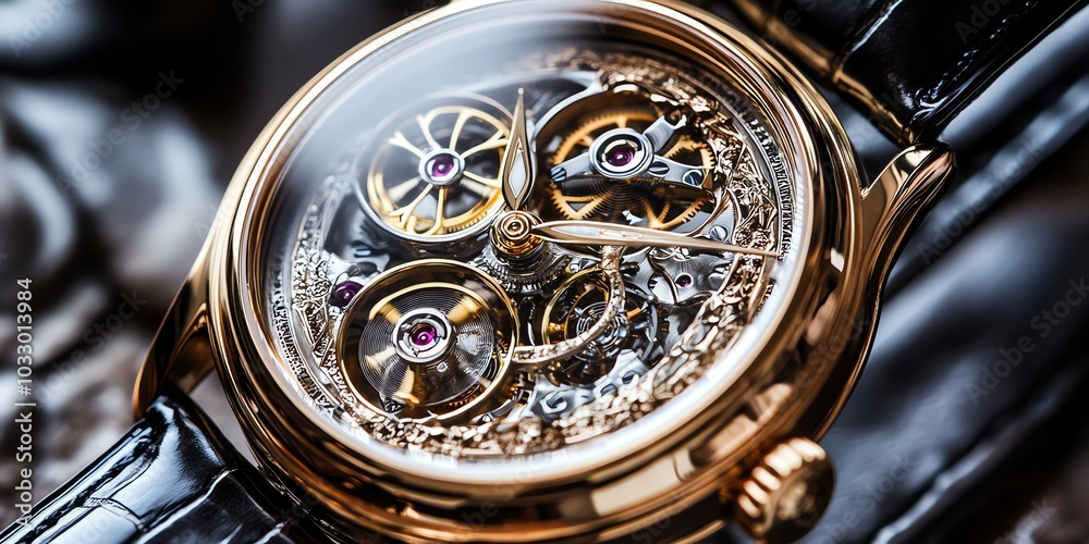 A close-up of a luxury mechanical wristwatch with a gold case and a black leather strap. The watch face is open, revealing the intricate gears and springs of the movement. A close-up of a luxury mechanical wristwatch with a gold case and a black leather strap. The watch face is open, revealing the intricate gears and springs of the movement.