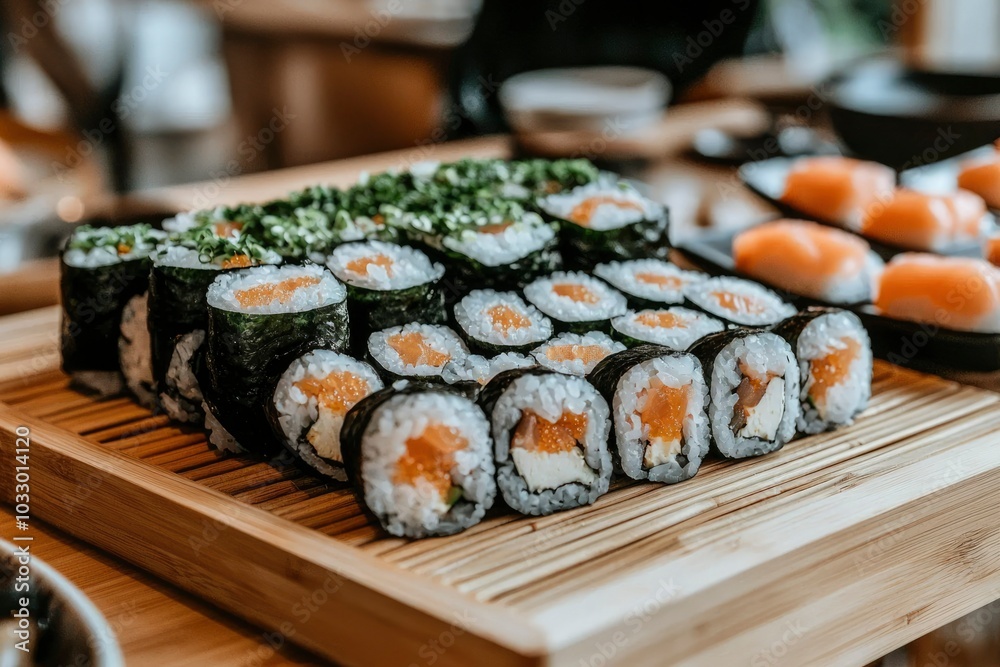 Salmon and Rice Sushi Rolls on Wooden Serving Tray Salmon and Rice Sushi Rolls on Wooden Serving Tray
