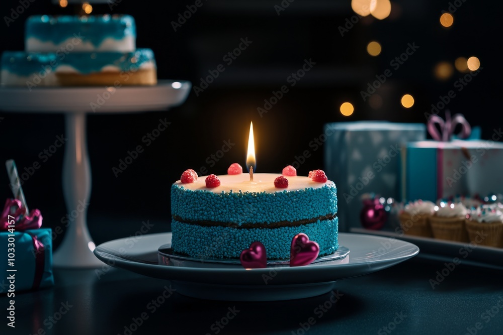 A single candle flame glowing softly in the darkness, illuminating a celebration table with cakes and presents A single candle flame glowing softly in the darkness, illuminating a celebration table with cakes and presents