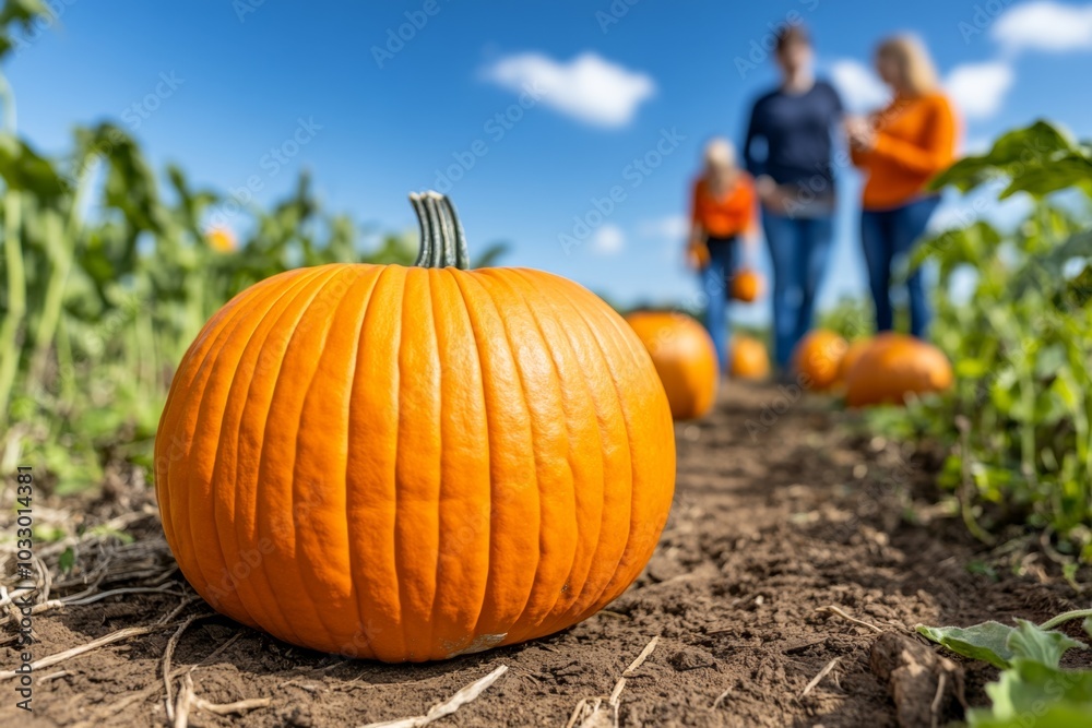A trail through a pumpkin farm, with families picking their favorites under the warm sun A trail through a pumpkin farm, with families picking their favorites under the warm sun