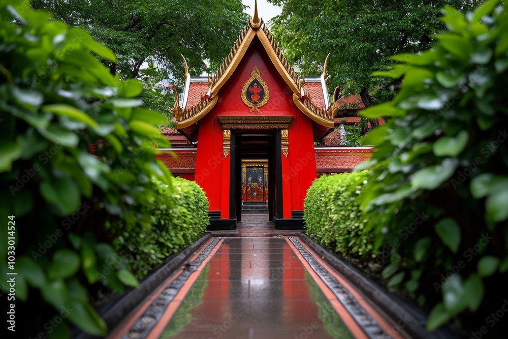 A vermillion-painted Thai spirit house, standing amidst lush greenery A vermillion-painted Thai spirit house, standing amidst lush greenery
