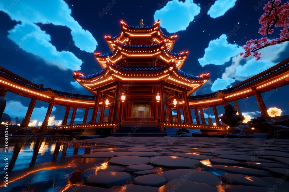 Fototapeta premium A virtual temple glowing in neon vermillion, floating in a digital landscape