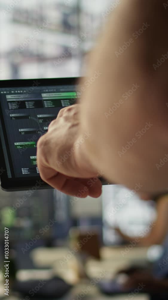 Vertical video Data scientist uses tablet to check on machine learning models that can analyze data to automate decision making processes. Close up of IT specialist using device to do programming in Vertical video Data scientist uses tablet to check on machine learning models that can analyze data to automate decision making processes. Close up of IT specialist using device to do programming in
