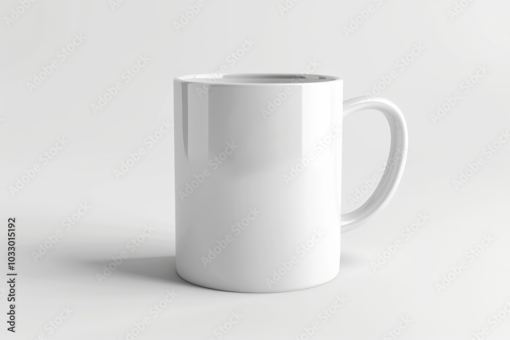 Fototapeta premium A white ceramic mug with a handle on a white background.