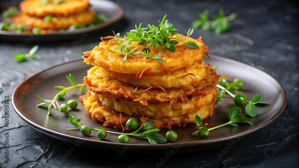 A plate of golden, crispy hash browns with vegetables, Generative AI A plate of golden, crispy hash browns with vegetables, Generative AI