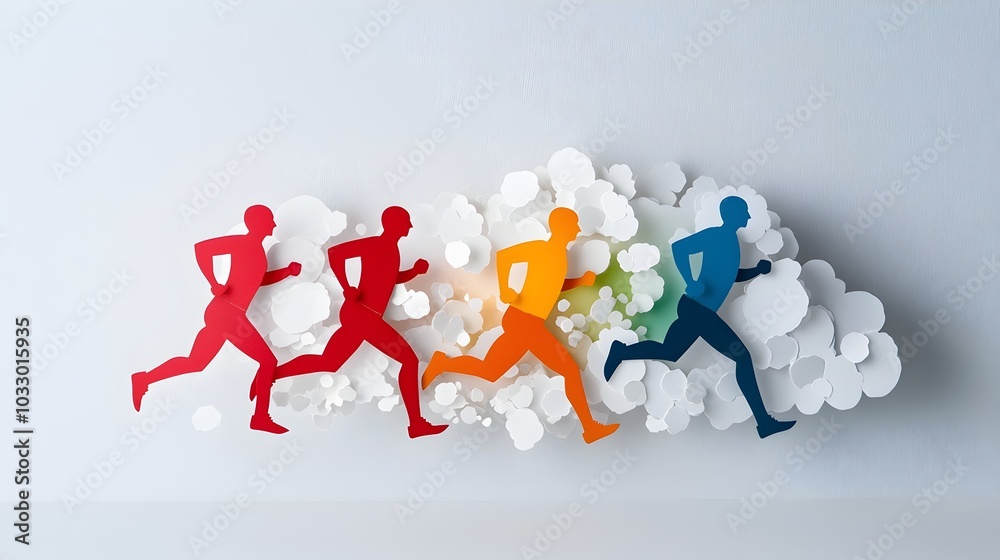 Visually striking paper cut of marathon runners in motion with layered textures and dynamic flow perfect for athletic fitness and sports themed decor and design Visually striking paper cut of marathon runners in motion with layered textures and dynamic flow perfect for athletic fitness and sports themed decor and design