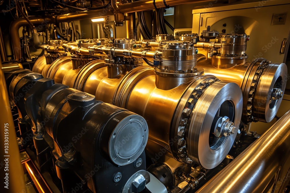 Close up of a row of four shiny, copper-colored industrial cylinders with valves, pipes and gears. Close up of a row of four shiny, copper-colored industrial cylinders with valves, pipes and gears.
