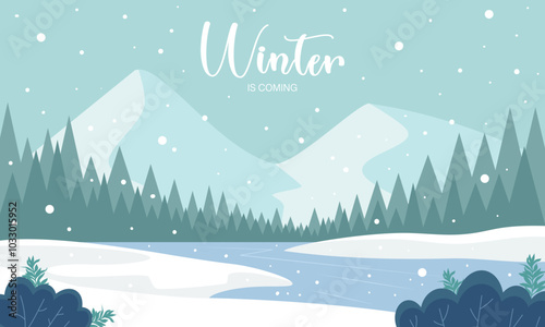 Nature trees forest background and snowing for winter season concept. Hand drawn isolated illustrations.