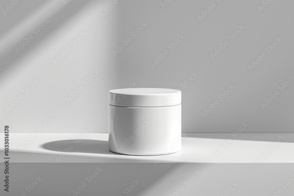 White jar mockup on a white shelf with sun light shadow. White jar mockup on a white shelf with sun light shadow.