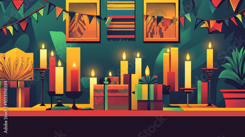 Celebrating Kwanzaa with colorful decorations, candles, and presents on a festive table setting
