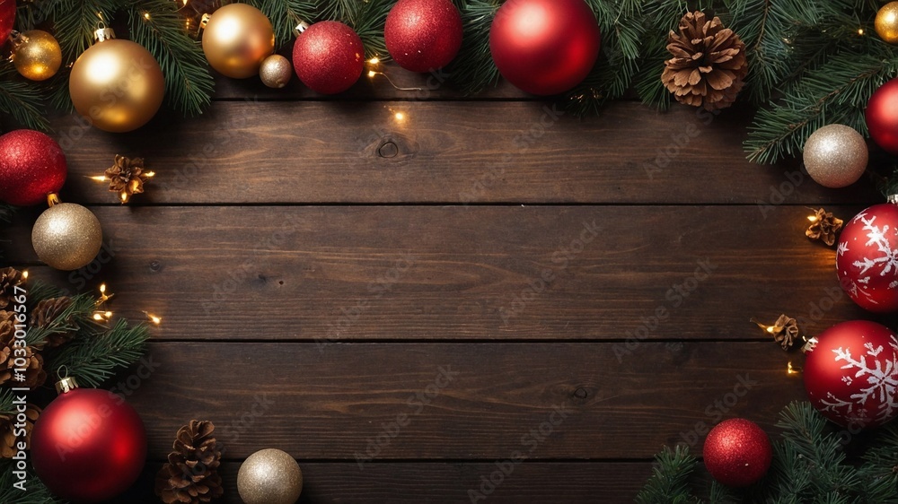 top view christmas decorations on wooden table, new year design, space for text