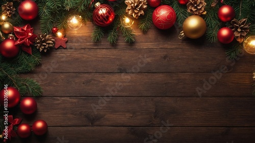 top view christmas decorations on wooden table, new year design, space for text