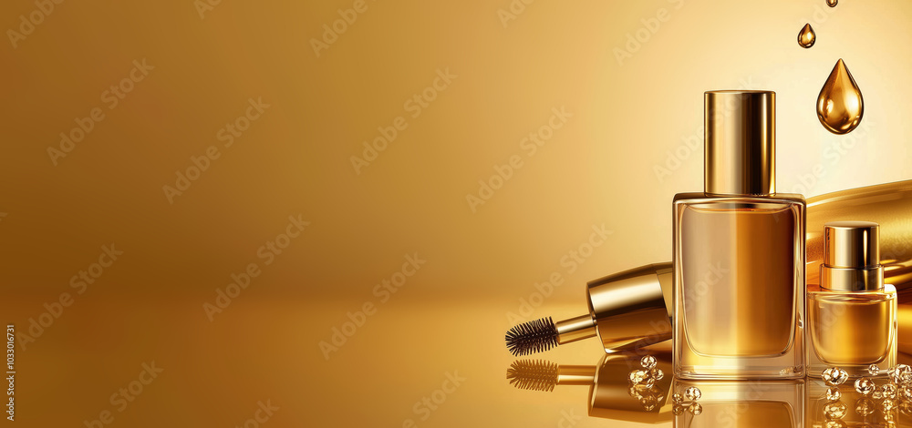 A golden-themed banner showcasing luxury beauty products with golden bottles and a drop of oil, set against a reflective golden surface. A golden-themed banner showcasing luxury beauty products with golden bottles and a drop of oil, set against a reflective golden surface.