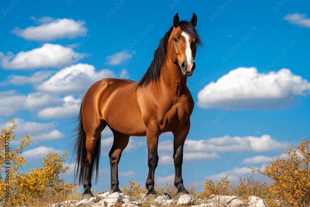 Obraz premium Horse standing proudly on a hilltop, with the wind blowing through its mane