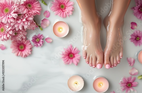 Obraz na płótnie A close-up of a woman's feet with a perfect pedicure, surrounded by flower petals and lit candles, creating a relaxing spa atmosphere. w salonie