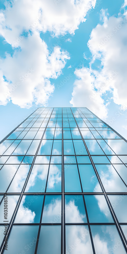 Fototapeta premium Arranha-céu de vidro moderno refletindo as nuvens
