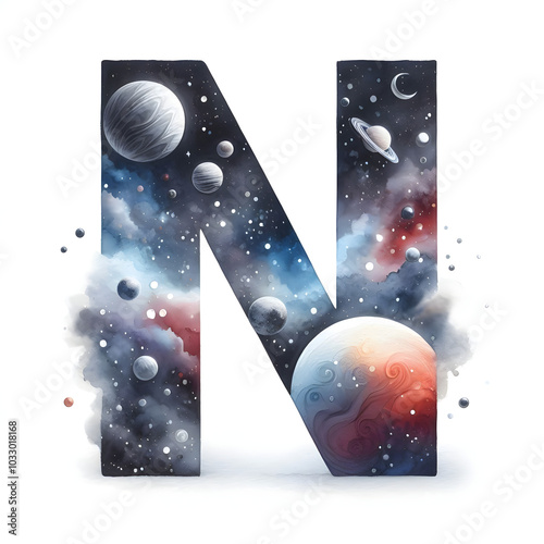 알파벳 대문자 "N", 우주컨셉 디자인 수채화 (Alphabet capital "N", space concept design water colour)