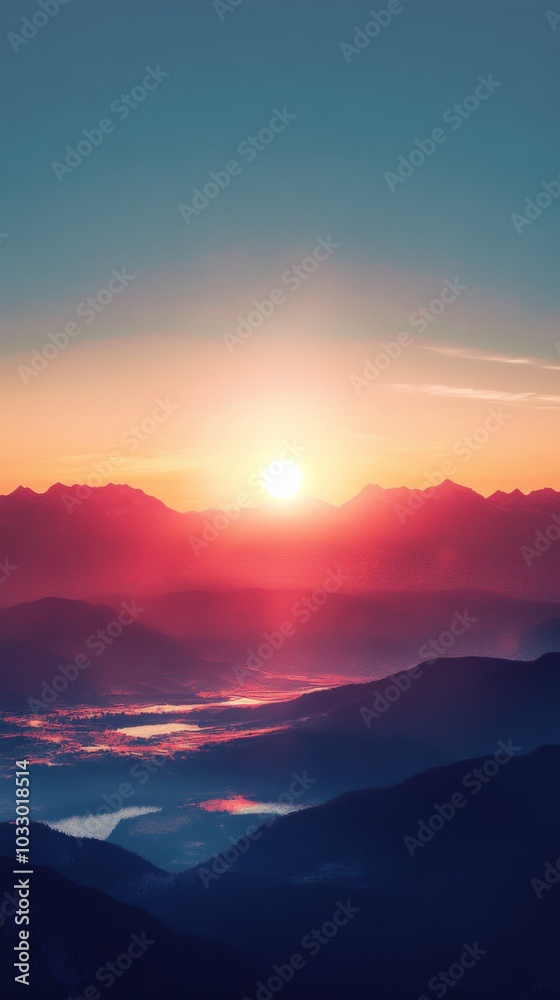 Obraz premium sunrise over mountain range with colorful sky, serene nature scene