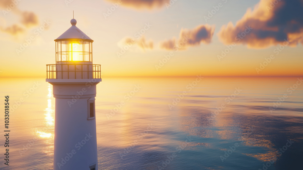 A white lighthouse stands tall at sunset, its light glowing as the sky reflects golden hues over calm waters. A white lighthouse stands tall at sunset, its light glowing as the sky reflects golden hues over calm waters.
