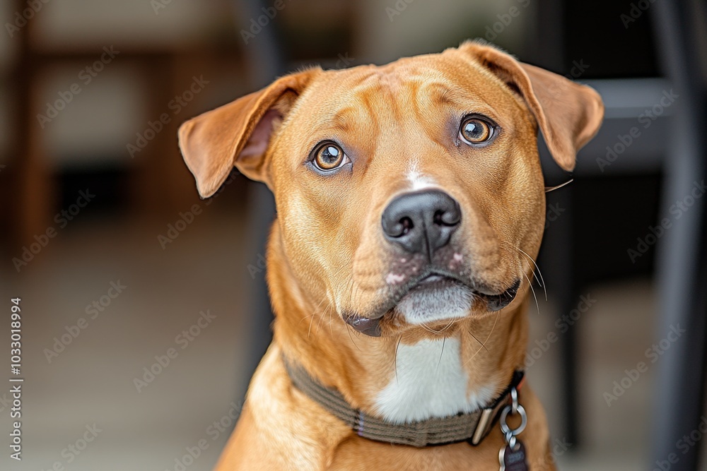 Pitbull sitting obediently, with a calm and gentle expression under soft lighting Pitbull sitting obediently, with a calm and gentle expression under soft lighting
