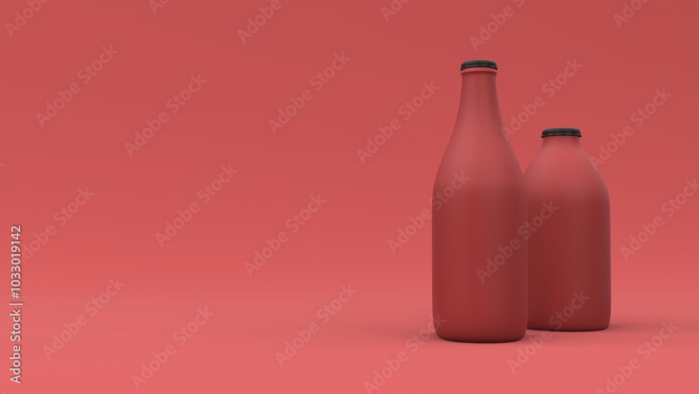 Two bottles on the red background with floating spheres. Package design. 3d illustration. Two bottles on the red background with floating spheres. Package design. 3d illustration.