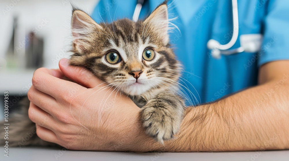 A veterinarian gently holding a cat while conducting a check-up, with medical instruments neatly organized in the background A veterinarian gently holding a cat while conducting a check-up, with medical instruments neatly organized in the background