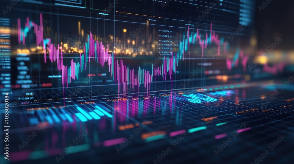 Fototapeta premium Dynamic Financial Data Visualization with Futuristic Digital Interface and Stock Market Analysis Graphs