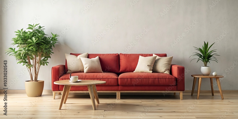 A contemporary living room with a red sofa, wooden coffee table, and two potted plants, creating a cozy and inviting atmosphere A contemporary living room with a red sofa, wooden coffee table, and two potted plants, creating a cozy and inviting atmosphere