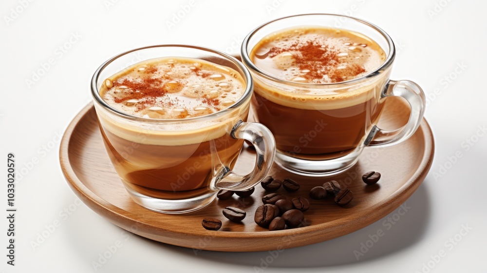 Set with cups of hot aromatic espresso coffee on white background