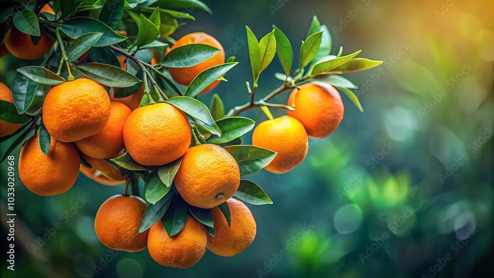 A Bountiful Harvest of Ripe Oranges Hanging from a Branch, Bathed in Warm Sunlight A Bountiful Harvest of Ripe Oranges Hanging from a Branch, Bathed in Warm Sunlight