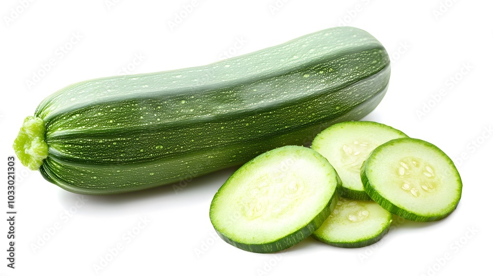 fresh green zucchini with slice isolated on white background fresh green zucchini with slice isolated on white background