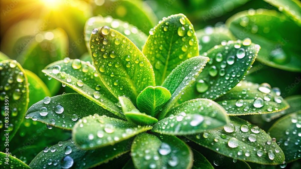 A close-up view of vibrant green foliage, each leaf adorned with glistening droplets of morning dew, capturing the essence of fresh life and revitalization. A close-up view of vibrant green foliage, each leaf adorned with glistening droplets of morning dew, capturing the essence of fresh life and revitalization.