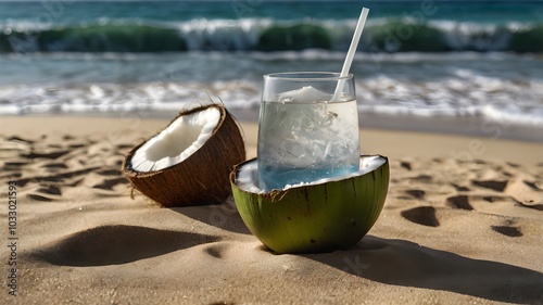 Chilled coconut water in a glass with a slice photo