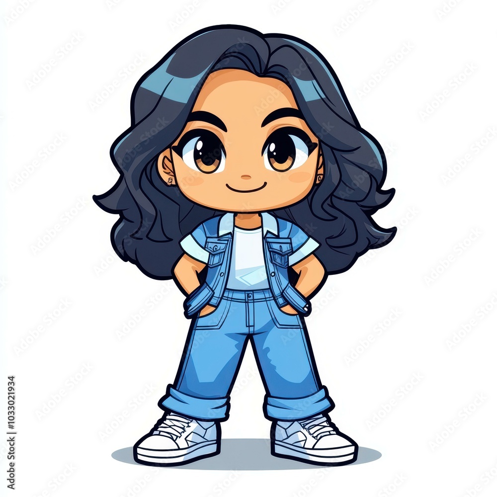 This fun cartoon features a stylish brunette rocking a mix of dress and jeans with a pop of hip hop flair and bright hues. This fun cartoon features a stylish brunette rocking a mix of dress and jeans with a pop of hip hop flair and bright hues.