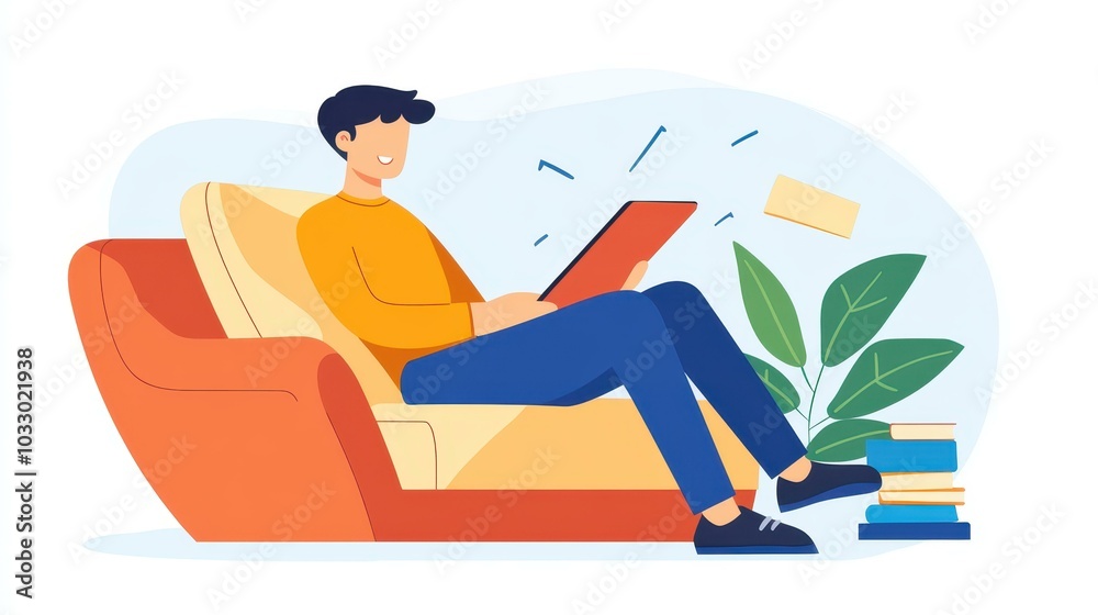 Relax with a fullbody character on a crisp backdrop, enjoying a tranquil moment while using a tablet. Relax with a fullbody character on a crisp backdrop, enjoying a tranquil moment while using a tablet.