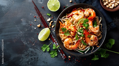 Pad Thai with Shrimp and Peanuts on a Black Background