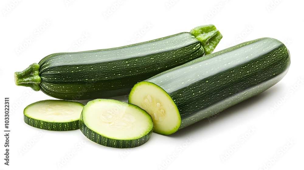 fresh green zucchini with slice isolated on white background fresh green zucchini with slice isolated on white background