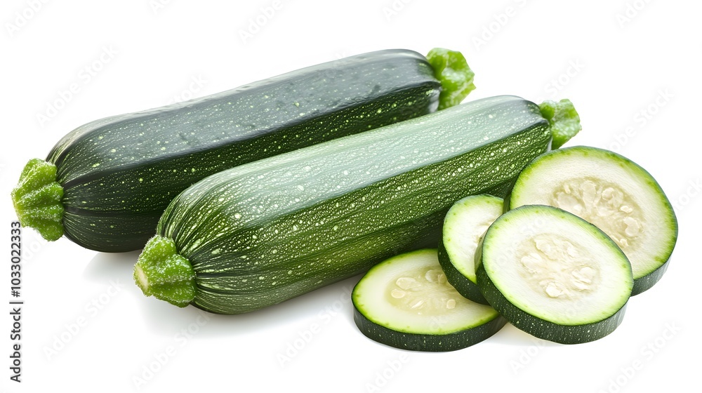 fresh green zucchini with slice isolated on white background fresh green zucchini with slice isolated on white background