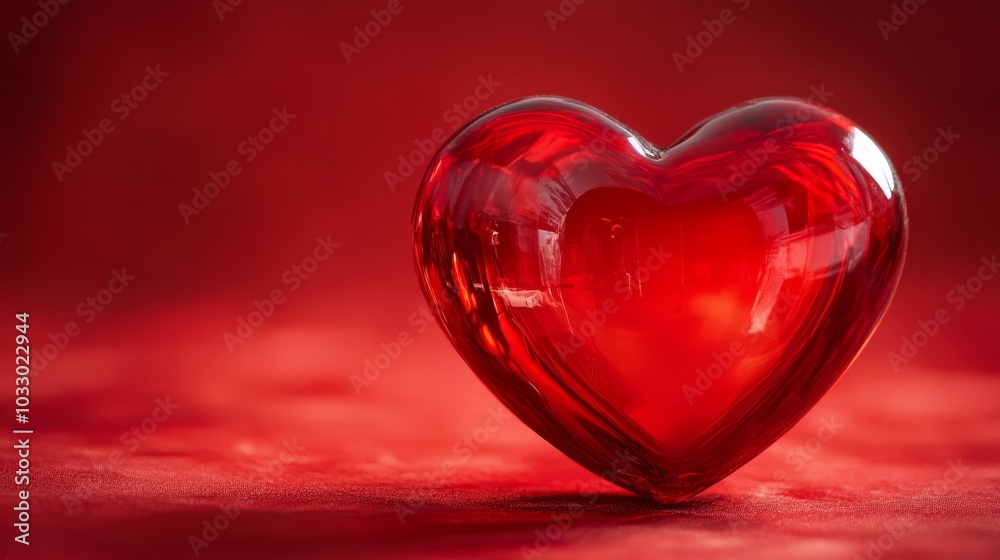 Red glass heart on a soft red background. Love and romance concept Red glass heart on a soft red background. Love and romance concept