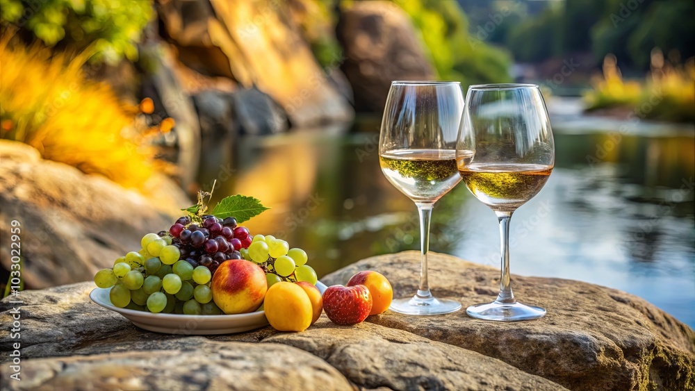 Two glasses of wine and a plate of fruit on a rock by the riverbank Two glasses of wine and a plate of fruit on a rock by the riverbank