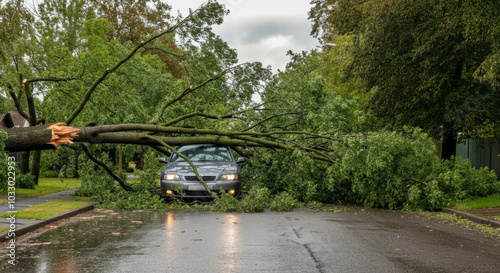 Severe storm aftermath with a fallen tree on a car, blocking the road in a suburban area photo