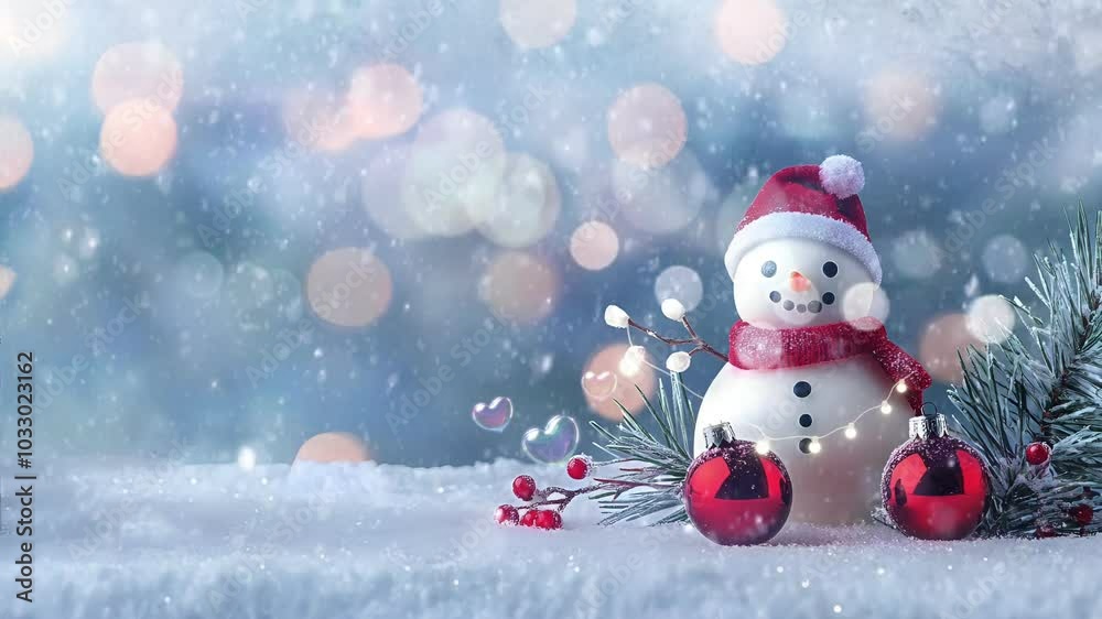 A cheerful snowman with a red hat, surrounded by gifts and a Christmas tree, snowfall, set against a soft blue snowy background, creating a festive holiday scene. animation background. A cheerful snowman with a red hat, surrounded by gifts and a Christmas tree, snowfall, set against a soft blue snowy background, creating a festive holiday scene. animation background.