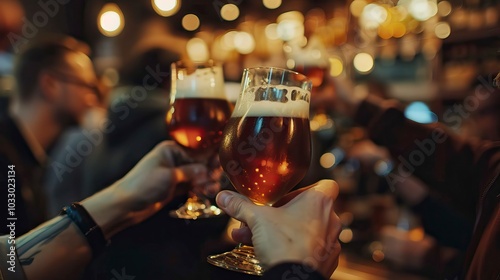 Happy friends group drinking beer at brewery bar restaurant, toasting bear glass, Thanksgiving day, Thanksgiving day celebration, Oktoberfest