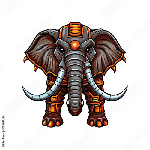 A robotic elephant with massive metal tusks and a glowing orange eye.