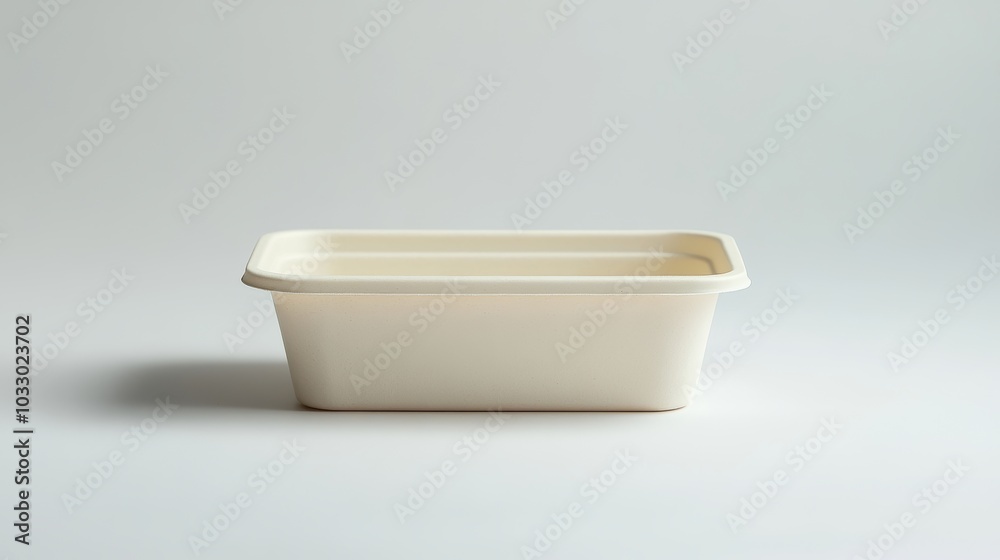 Biodegradable bagasse food container, sleek and smooth surface, displayed on a clean white background, natural organic material focus Biodegradable bagasse food container, sleek and smooth surface, displayed on a clean white background, natural organic material focus