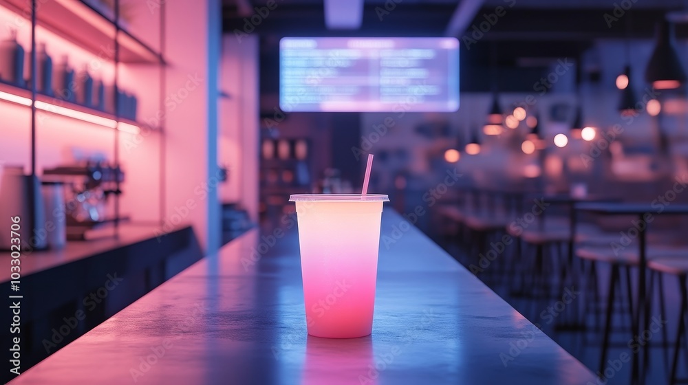 Biodegradable cup in a futuristic zero-waste cafe, holographic menu overhead, neon accents, minimalist and clean aesthetic, isometric angle